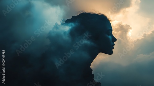 Obraz na płótnie Silhouette Of A Woman In Profile Merged With Dark And Golden Clouds w salonie
