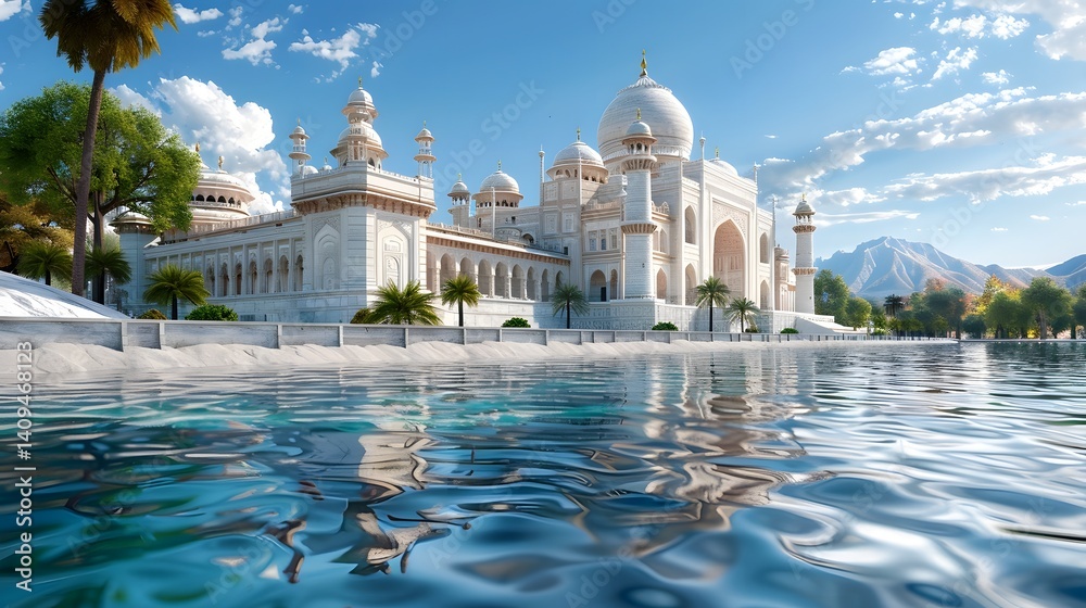 Ornate palace with domed architecture reflected in the pool