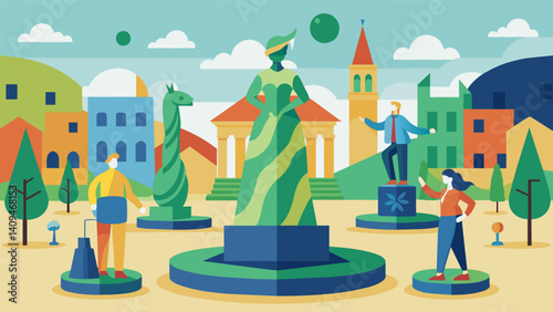 A public art display in a city square with sculptures and installations made from recycled materials to demonstrate the environmental benefits of reducing waste.. Vector illustration
