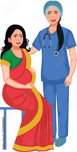 A Indian Nurse Caring Pregnant Woman Vector Illustration
