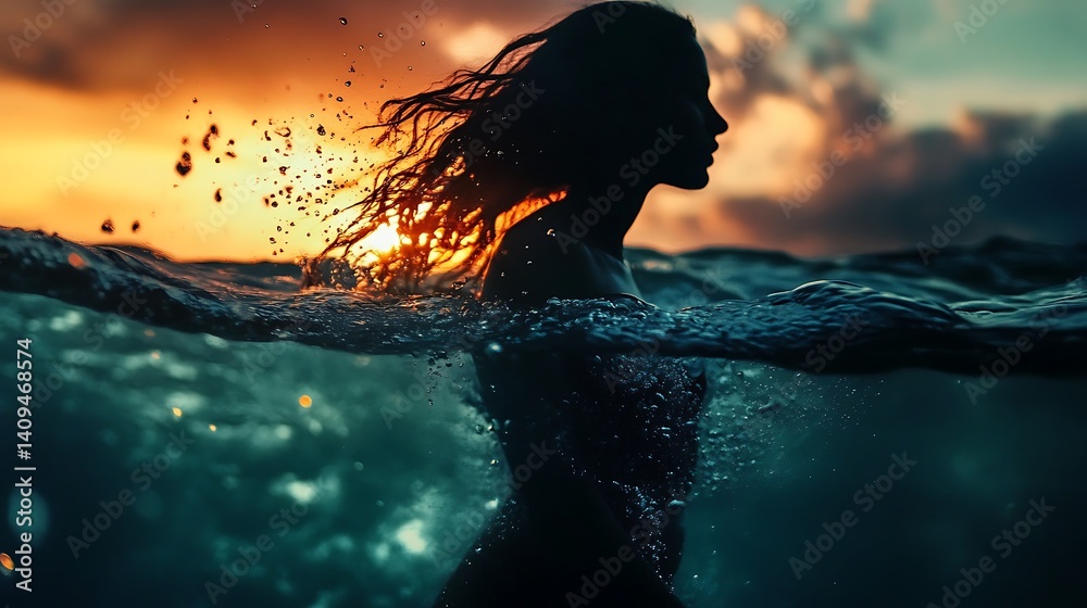Silhouette Of A Woman Walking Into Ocean At Sunset With Golden Light And Water Splashes
