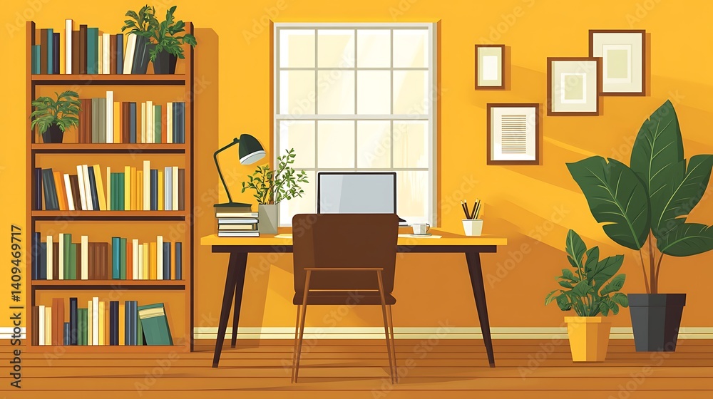 Bright Home Office with Desk and Bookshelf, A bright home office with a desk, chair, laptop, and bookshelf Bright Home Office with Desk and Bookshelf, A bright home office with a desk, chair, laptop, and bookshelf