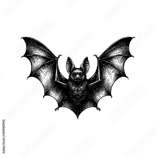 Black bat illustration with intricate details, featuring gothic style elements.
