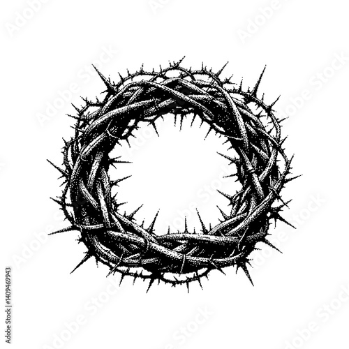 Stylized black and white illustration of a circular nest made of twigs