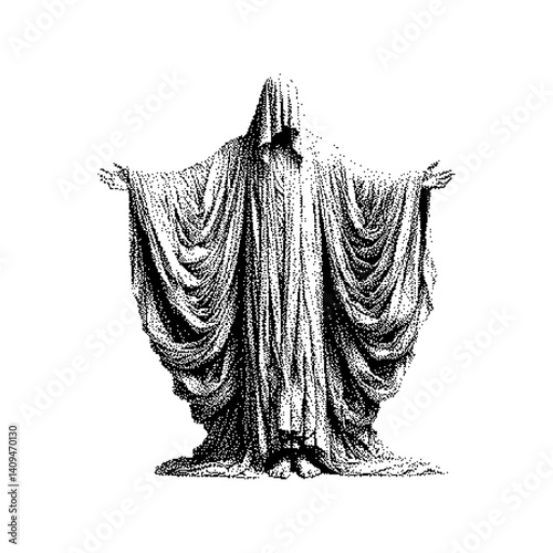 Monochromatic illustration of a cloaked figure with flowing robes, evoking a gothic aesthetic