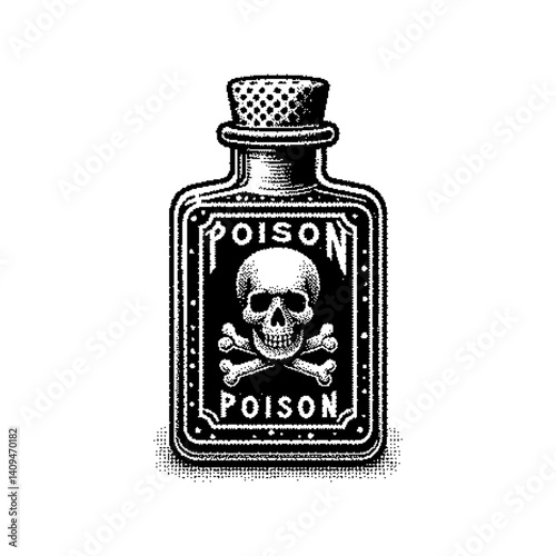 Vintage poison bottle illustration featuring a skull and crossbones design
