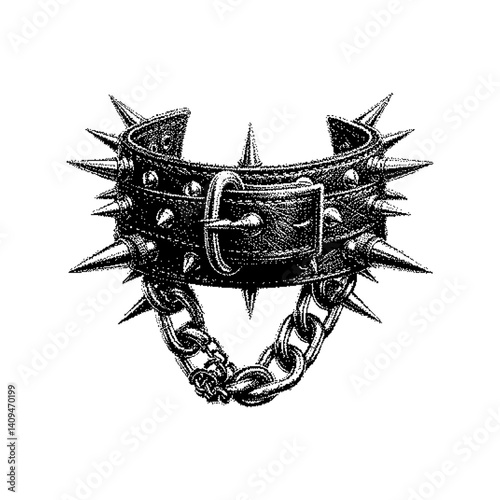 A detailed spiked collar with chains showcasing a gothic aesthetic
