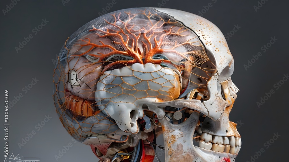 Intricate cross section of a human skull revealing the brain s inner structure