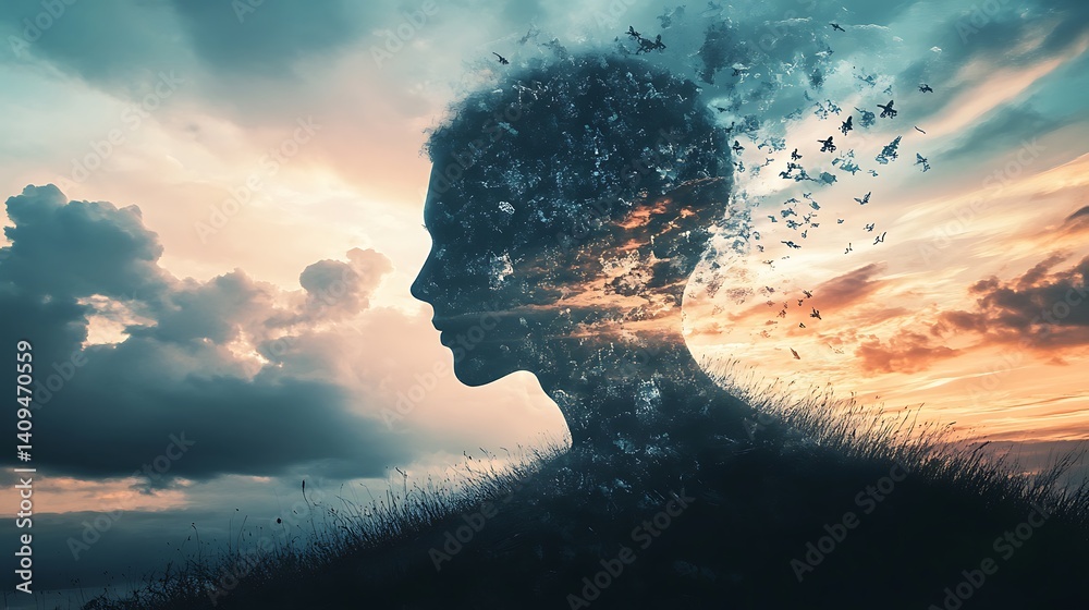 Silhouette Of Person Dissolving Against A Dramatic Sunset Sky In Blue And Orange Tones