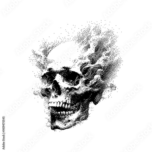 Abstract skull illustration featuring intricate dot work and a surreal aesthetic