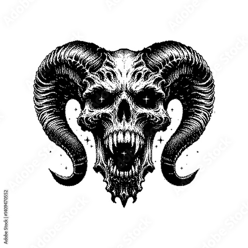 Black and white illustration of a screaming skull with ram horns, detailed linework.
