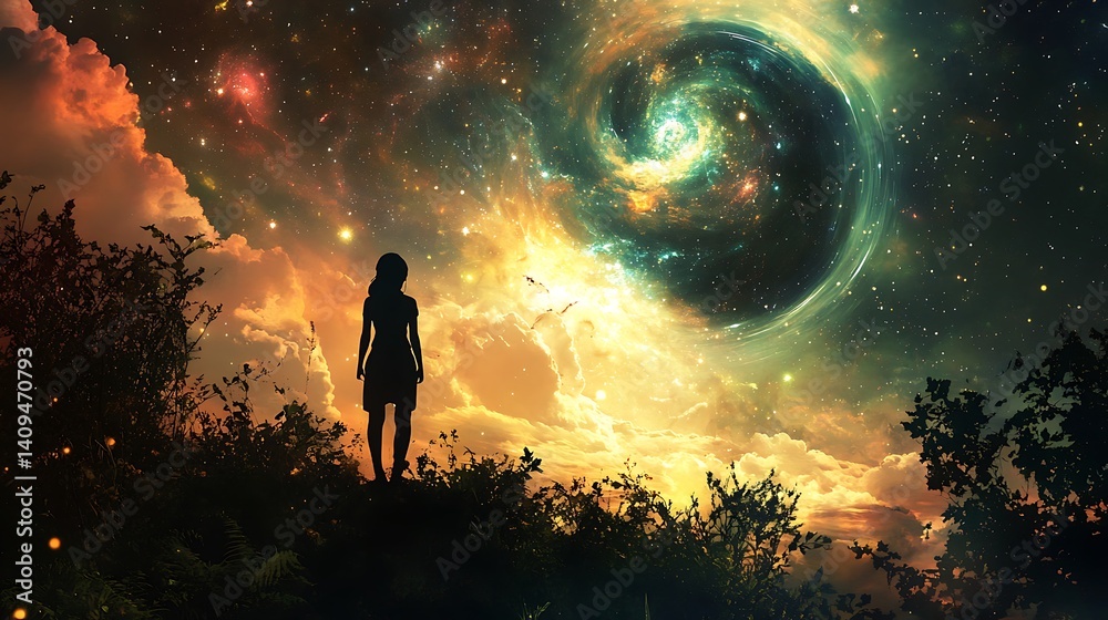 Silhouette of Person Gazing At A Glowing Galaxy And Stars During The Sunset