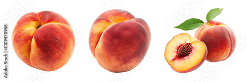 set of a whole and a slice of peaches isolated on transparent background png