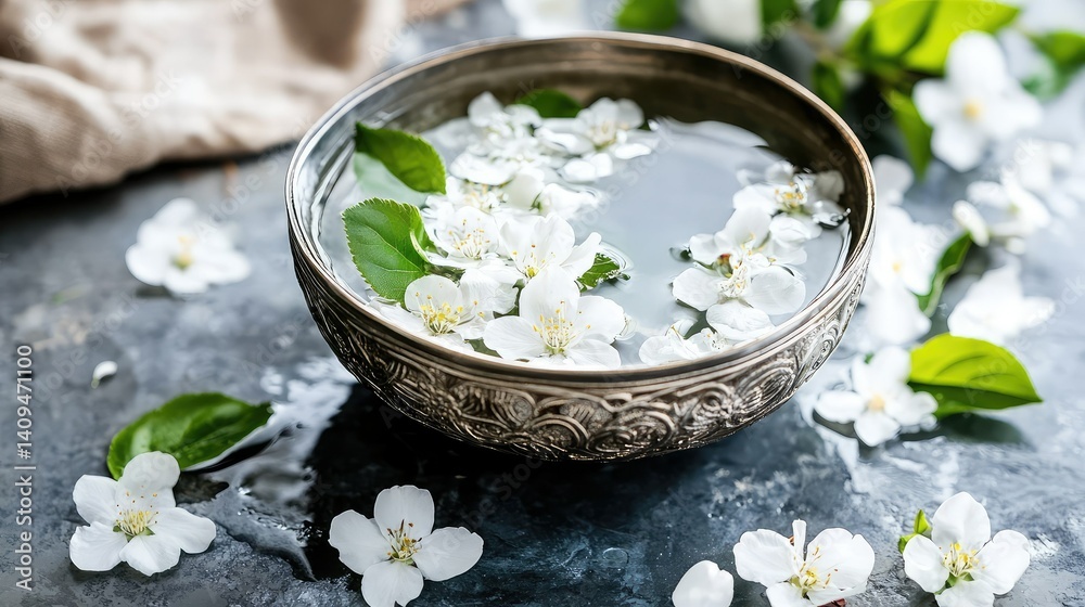 Silver bowl with ornate engravings, filled with fresh water and delicate white blossoms Silver bowl with ornate engravings, filled with fresh water and delicate white blossoms