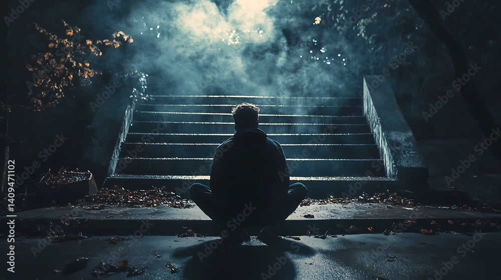 Silhouette Of Person Meditating On Stone Steps With Fog In An Autumnal Outdoor Scene