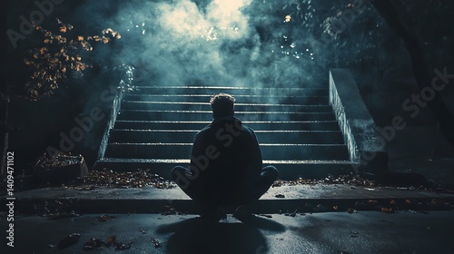 Obraz na płótnie Silhouette Of Person Meditating On Stone Steps With Fog In An Autumnal Outdoor Scene w salonie
