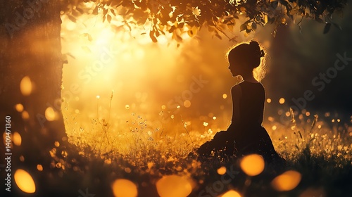 Silhouette Of Person Meditating Under Golden Sunlight Beneath Tree Branches