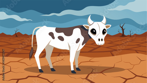 The ghostly skeleton of a cow stands as a somber sentinel amidst the barren cracked earth a testament to the merciless grip of drought on livestock.. Vector illustration