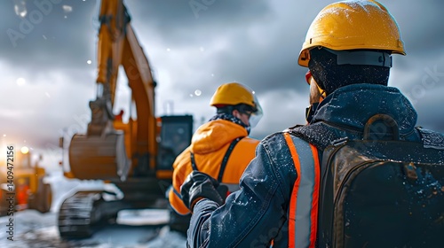 Obraz na płótnie Construction workers operating heavy on a jobsite during inclement weather w salonie