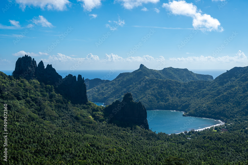 Stunning view of Hatiheu Bay and beach, Nuku Hiva, Marquesas Islands. French Polynesia