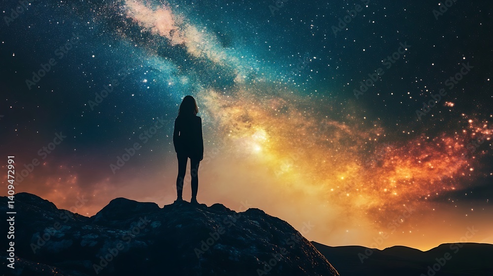Silhouette Of Person Standing On Rock Surface Underneath Starry Night Sky