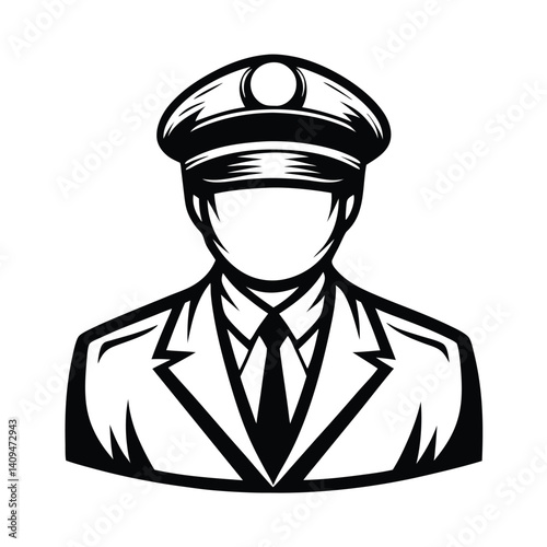 Policeman Silhouette Black Outline of Man in Uniform, Hat, Suit, Tie, Professional Look