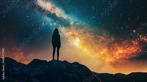 Obraz na płótnie Silhouette Of Person Standing On Rock Surface Underneath Starry Night Sky w salonie