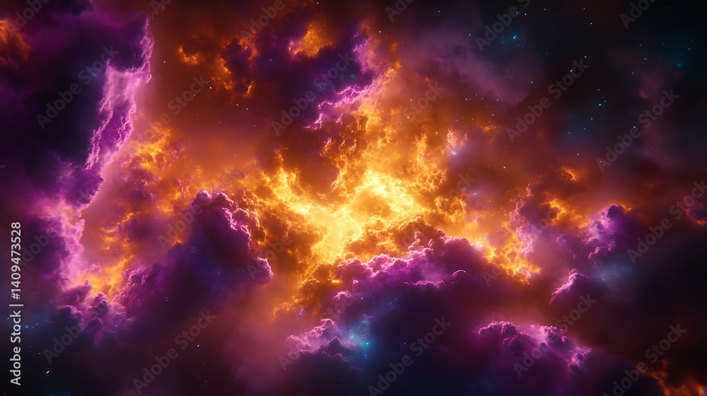 Naklejka premium Vibrant cosmic nebulae blaze across the starry expanse.