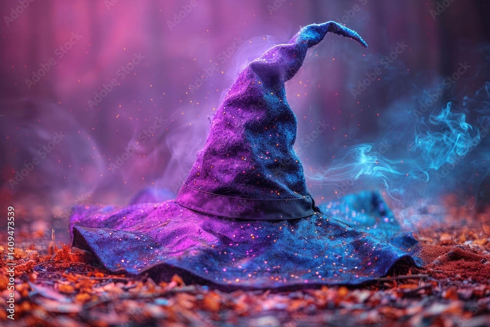 A mysterious witchs hat surrounded by glowing ethereal lights