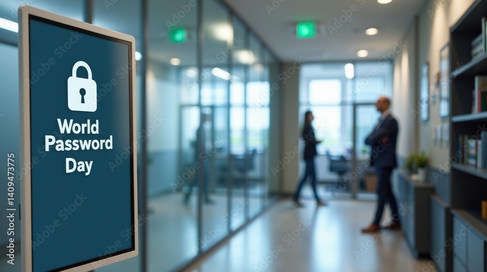 Obraz premium World password day awareness event in corporate office informative display modern workspace security focus