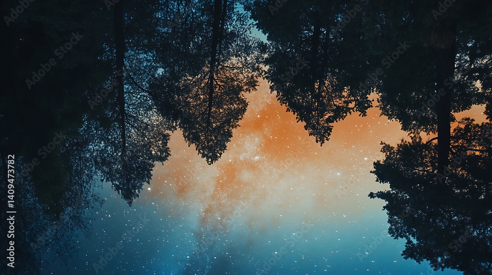 Silhouette Of Trees Frame A Vibrant Starry Night Sky With Orange And Blue Hues