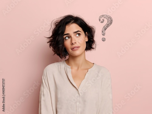 Young woman with short black hair looking up with a questioning expression