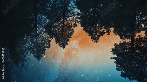 Obraz na płótnie Silhouette Of Trees Frame A Vibrant Starry Night Sky With Orange And Blue Hues w salonie