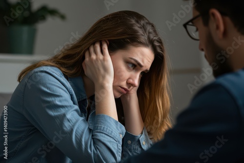 Wife offended by husband, man asks for forgiveness. Angry depressed young woman has no desire to talk, listening to lies of her boyfriend saying sorry