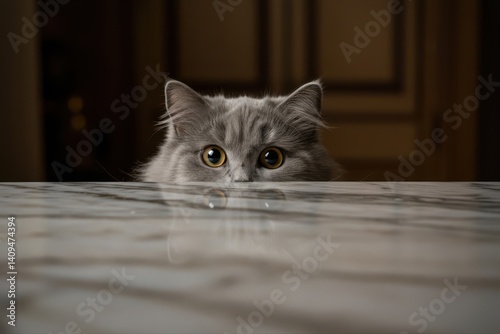 Big-eyed naughty cat looking at the target from behind the marble table 