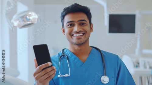 medicine, dentistry and technology concept - happy smiling indian doctor or male dentist in blue uniform having video call on smartphone over dental clinic background photo
