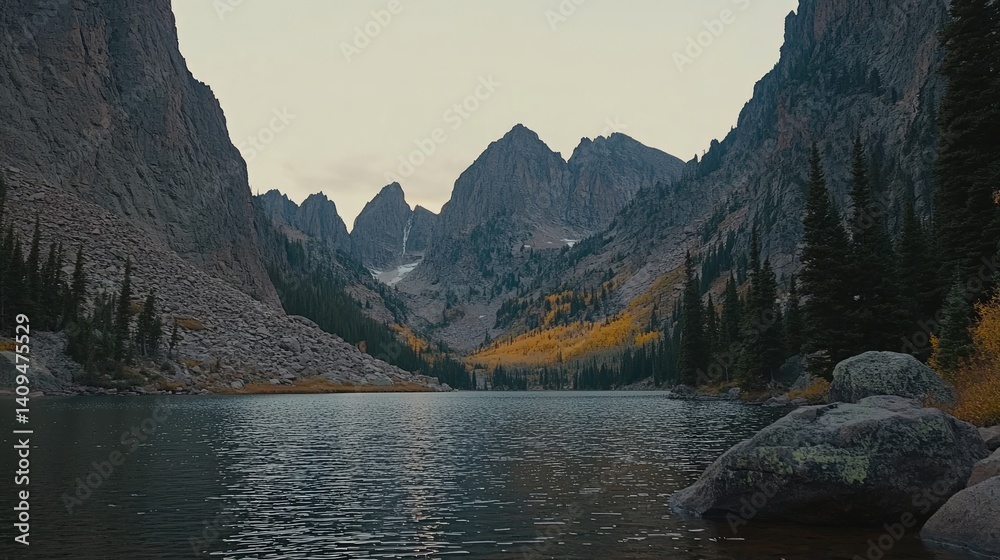 Fototapeta premium Rocky mountain lake valley at fall's end.