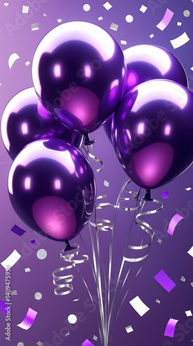 Glossy metallic purple balloons with silver and white confetti floating in the air on a violet background, perfect for celebrations, parties, or event invitations

