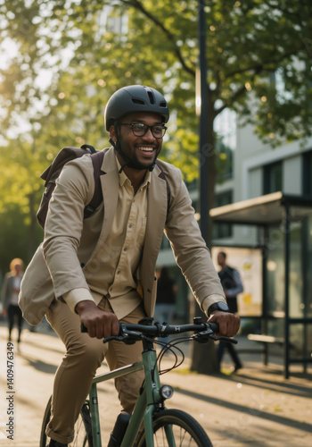 Smiling black male riding bike with helmet and backpack on city street. Vertical photo of African American man in beige business casual suit commuting by bicycle. Sustainable transport