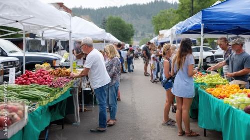 People shopping at an outdoor farmers market with fresh produce and vendor stalls on a summer day