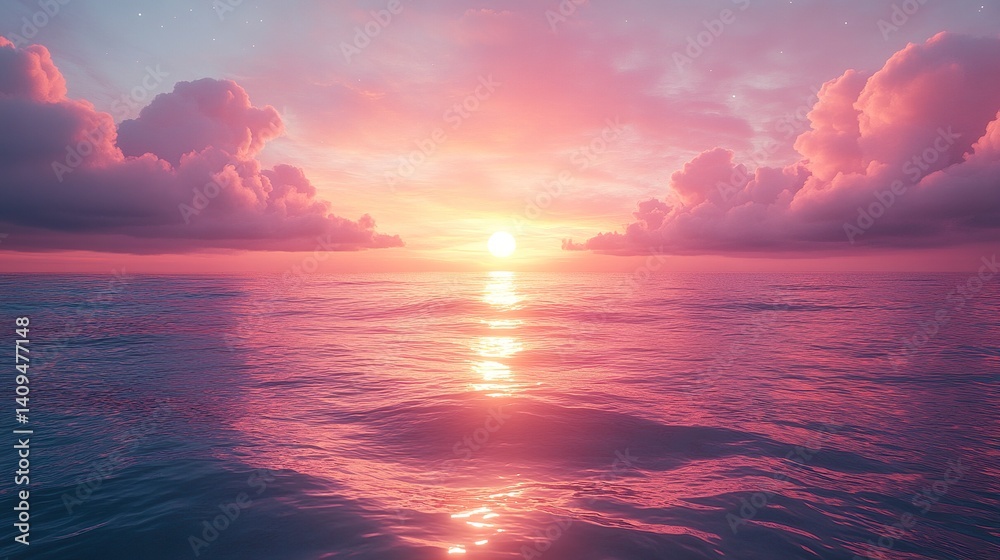 Fototapeta premium Gentle sunset over still sea with cotton candy sky and smooth water surface, panoramic perspective, serene coastal vibe 