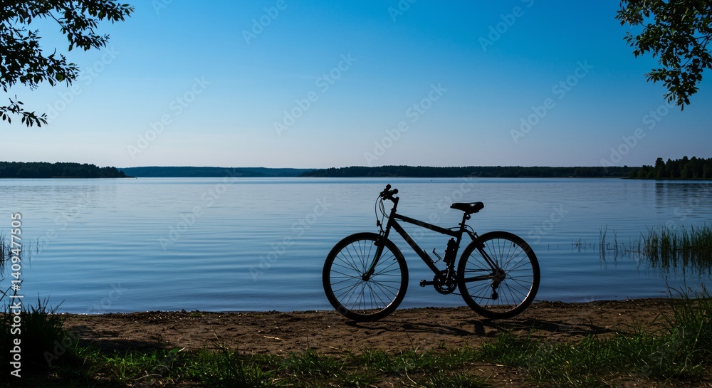 Fototapeta premium Tranquil lake scene with bicycle at the shoreline.