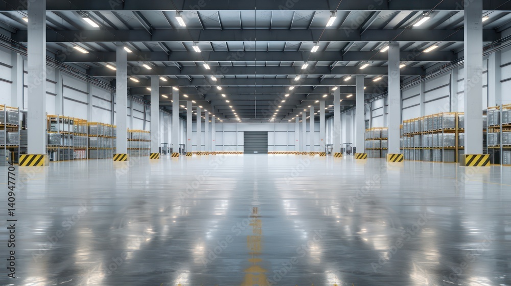 Modern logistics warehouse interior with advanced tracking systems. minimalist, Modern logistics warehouse interior with advanced tracking systems. minimalist,