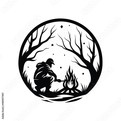 Silhouette of Man tending Campfire in Forest Enclosed by Tree Branches in Circle Design