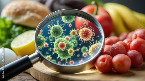 Magnifying glass revealing germs on fresh food items.