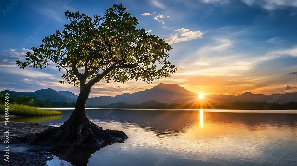 Silhouette Tree Reflected In Still Water During Sunset With Orange And Golden Sky