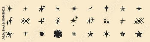 Stars, starburst light shine and sparks of glitter burst with flash shiny sparkles. Vector star twinkle and starburst simple icons set