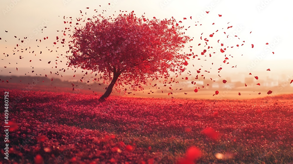 Single Tree with Red Petals on a Field during Sunset with Golden Sunlight