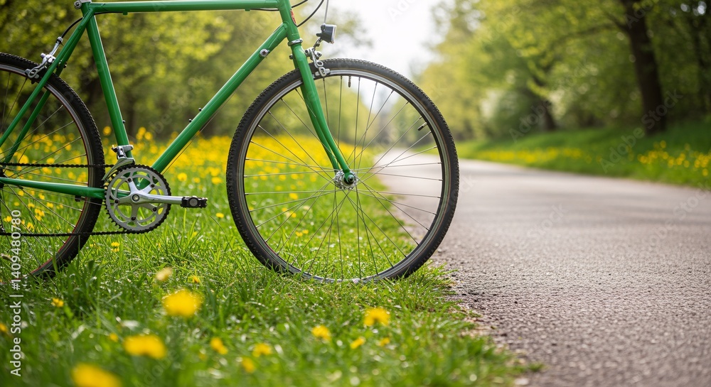 Fototapeta premium Green Bicycle Leaning Against Grassy Roadside
