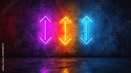 Five illuminated arrows ascend against a dark backdrop, glowing in orange, red, purple, and blue hues. --
